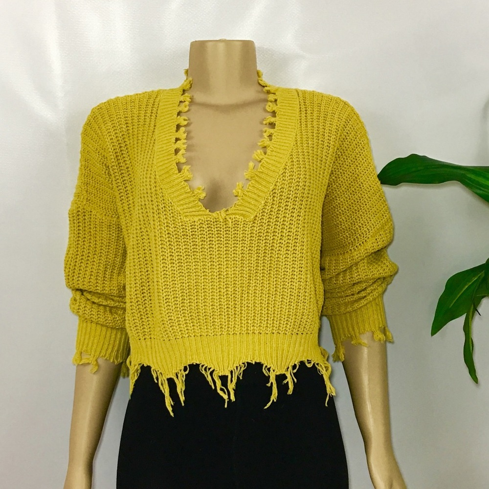 Loose V-Neck Ripped Crop Pullover Knit Sweater